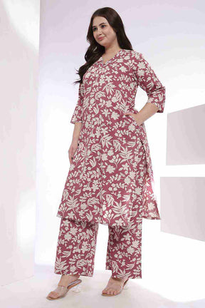 Plus Size Purple Taupe Floral Print Kurta Coord Set
