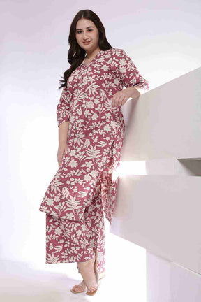 Plus Size Purple Taupe Floral Print Kurta Coord Set