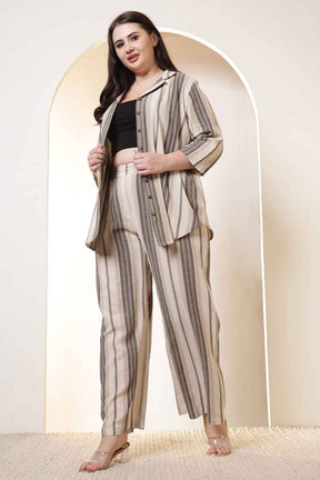 Plus Size Olive Striped Cotton Shirt Coord Set
