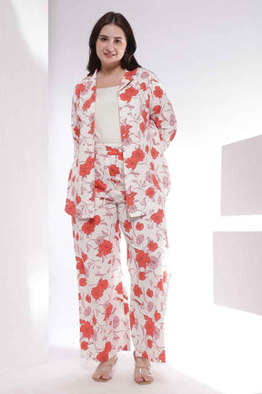 Plus Size Red Floral Print Shirt Coord Set