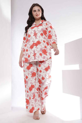 Plus Size Red Floral Print Shirt Coord Set
