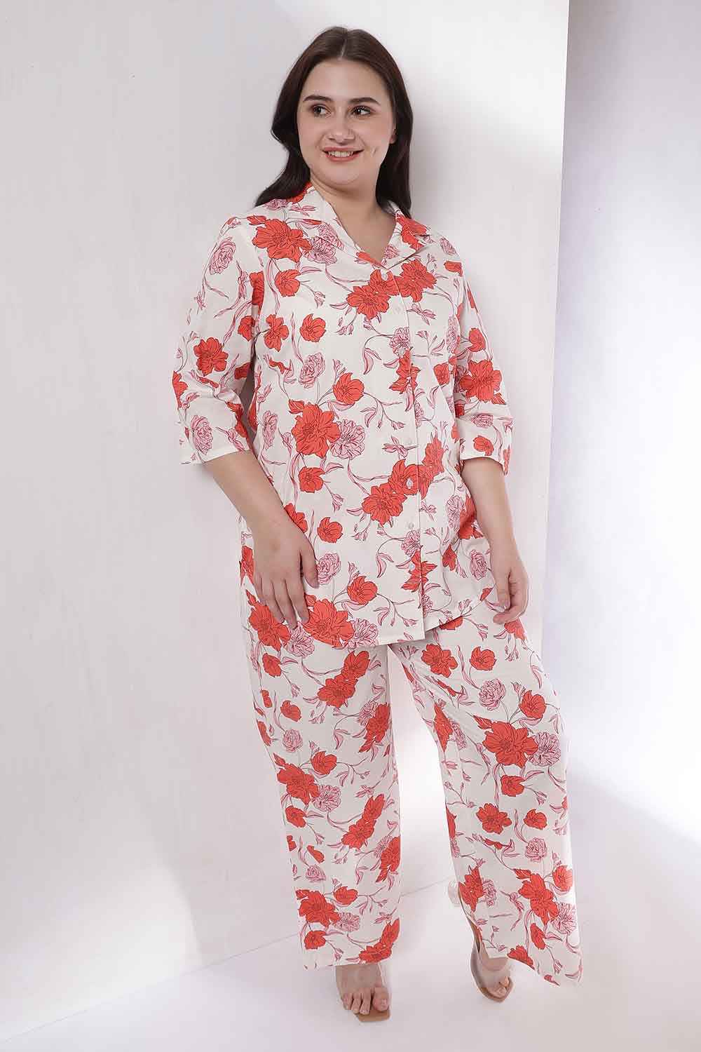 Plus Size Plus Size Red Floral Print Shirt Coord Set