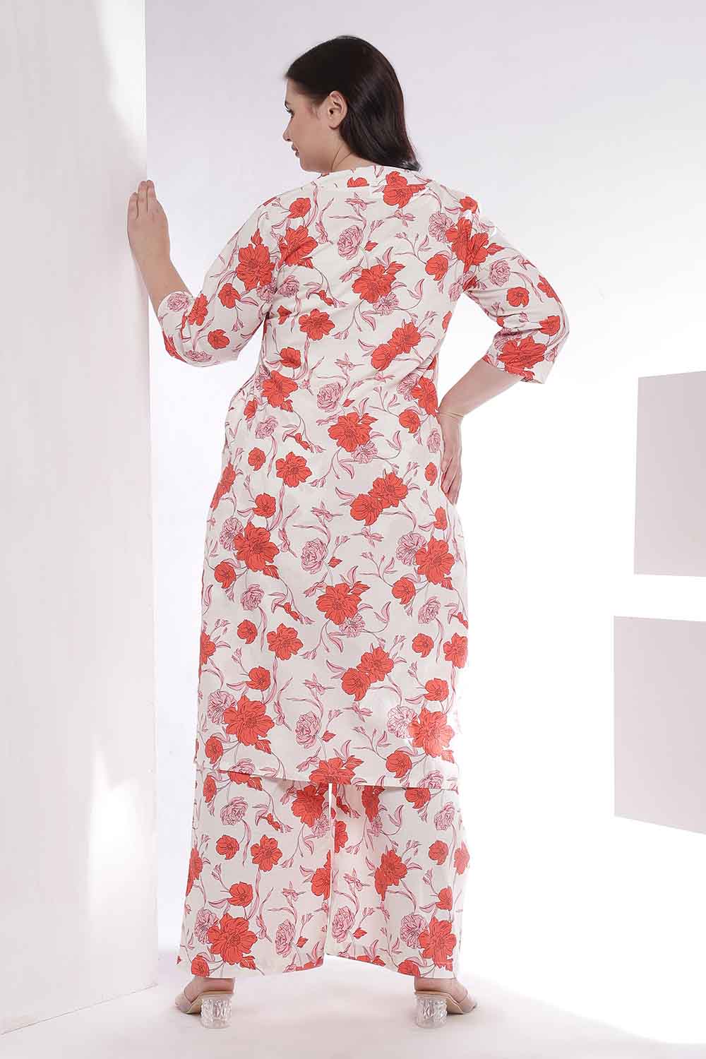 Comfortable Plus Size Red Floral Print Kurta Coord Set