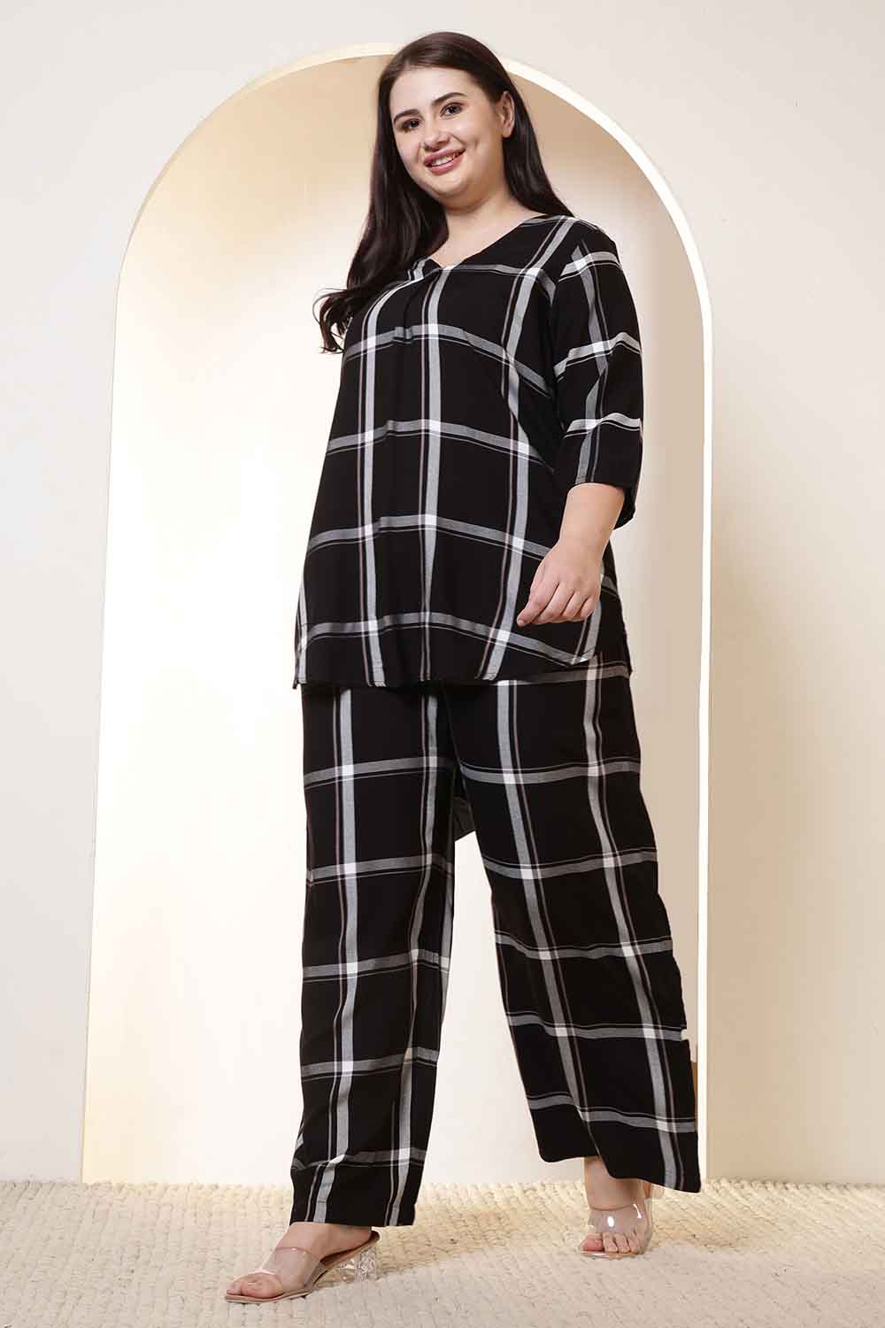 Plus Size Black & White Checkered Rayon Twill Shirt Coord Set for Women