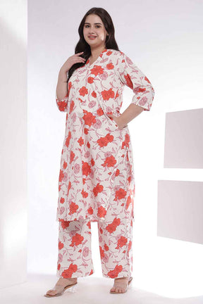 Plus Size Red Floral Print Kurta Coord Set