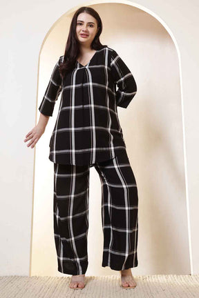 Plus Size Black & White Checkered Rayon Twill Shirt Coord Set