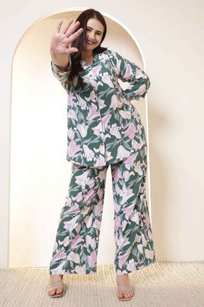 Plus Size Green & Pink Flower Print Rayon Shirt Coord Set