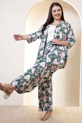 Plus Size Green & Pink Flower Print Rayon Shirt Coord Set