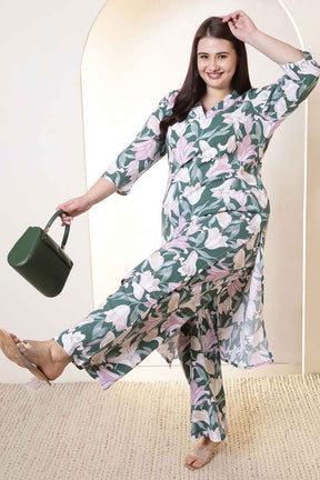 Plus Size Green & Pink Flower Print Rayon Kura Coord Set