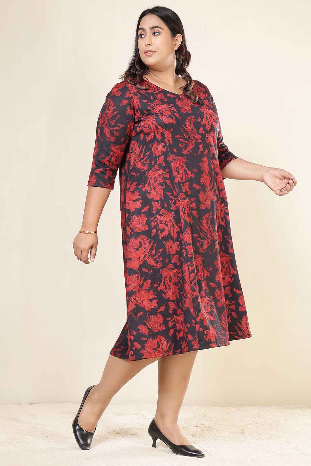 Plus Size Red Floral A Line SnugWeave™ Dress
