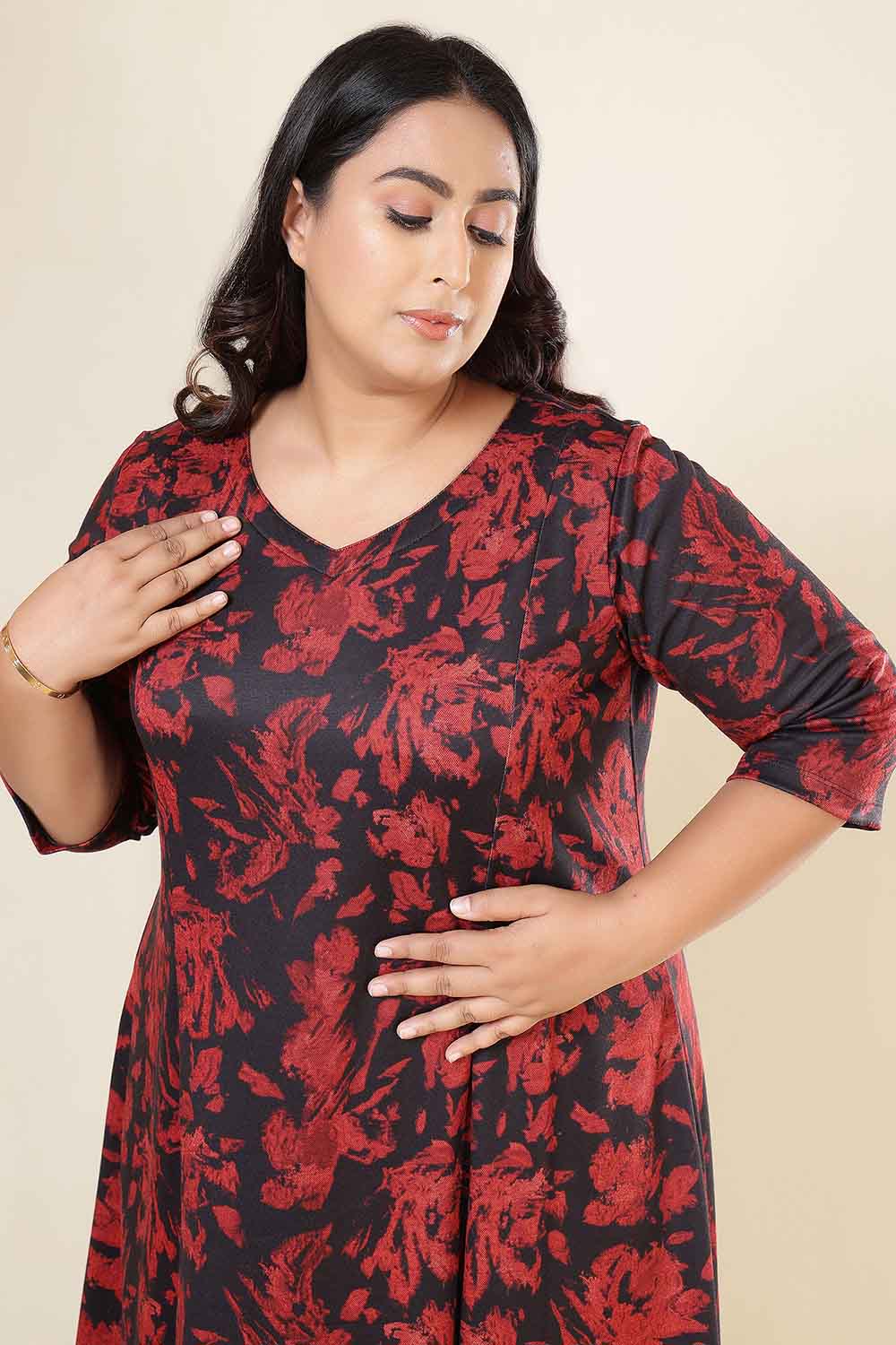 Plus Size Red Floral A Line SnugWeave™ Dress