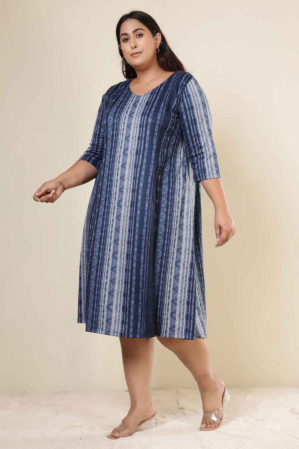 Plus Size Blue Vertical Stripe SnugWeave™ Dress for Women