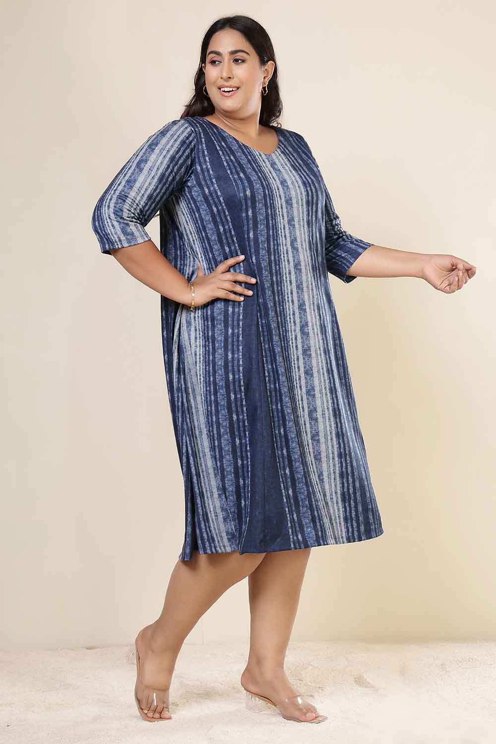 Comfortable Plus Size Blue Vertical Stripe SnugWeave™ Dress