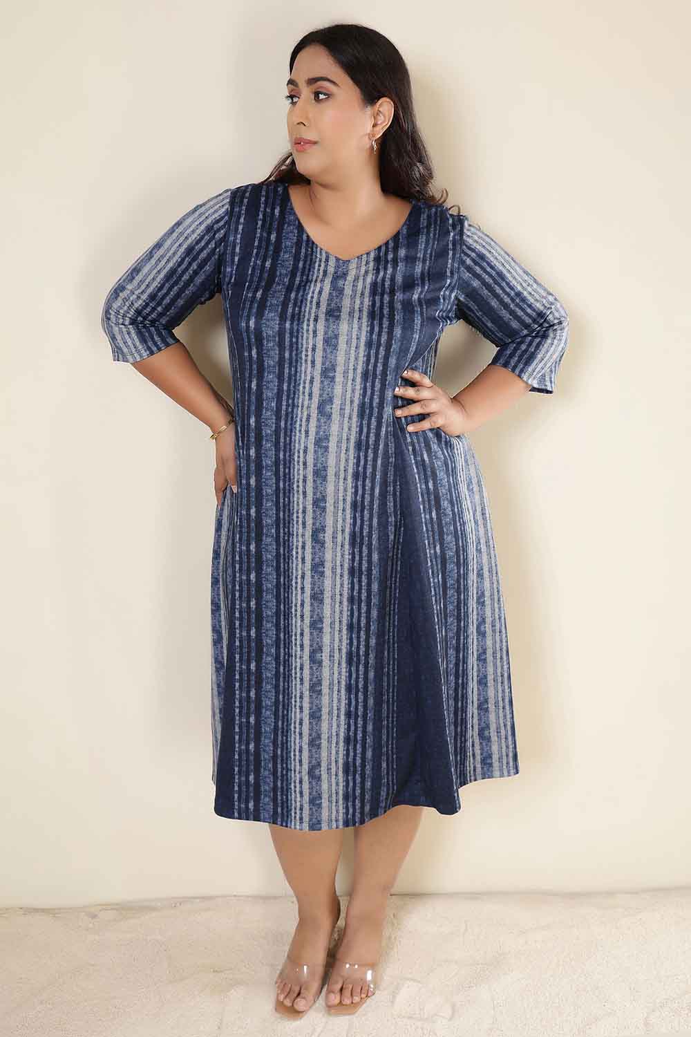 Plus Size Blue Vertical Stripe SnugWeave™ Dress
