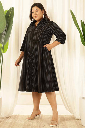 Plus Size Black Stripe Cotton Shirt Dress