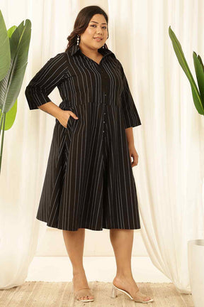 Plus Size Black Stripe Cotton Shirt Dress