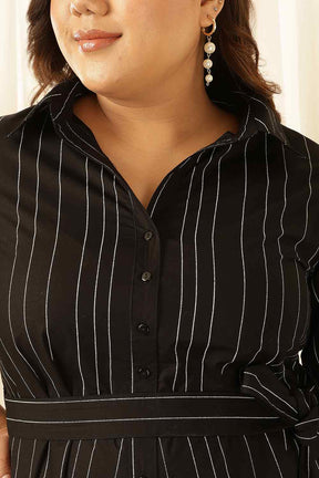 Plus Size Black Stripe Cotton Shirt Dress