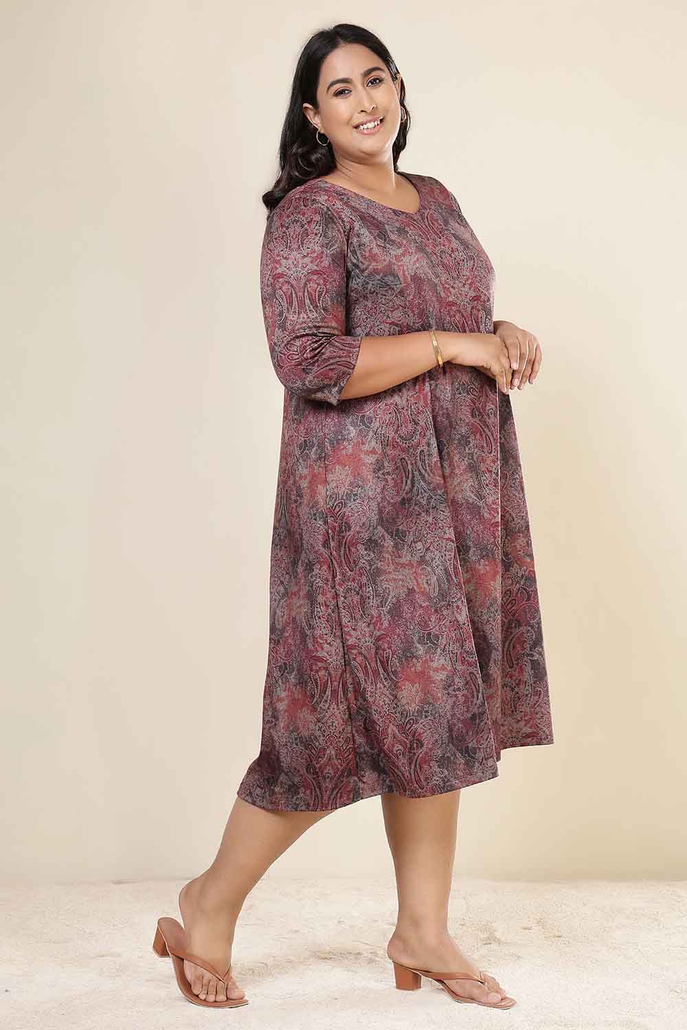 Plus Size Maroon Paisley SnugWeave™ Dress for Women