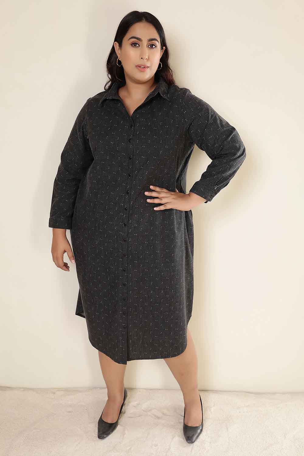 Plus Size Ash Black Denim Cotton Dress for Women