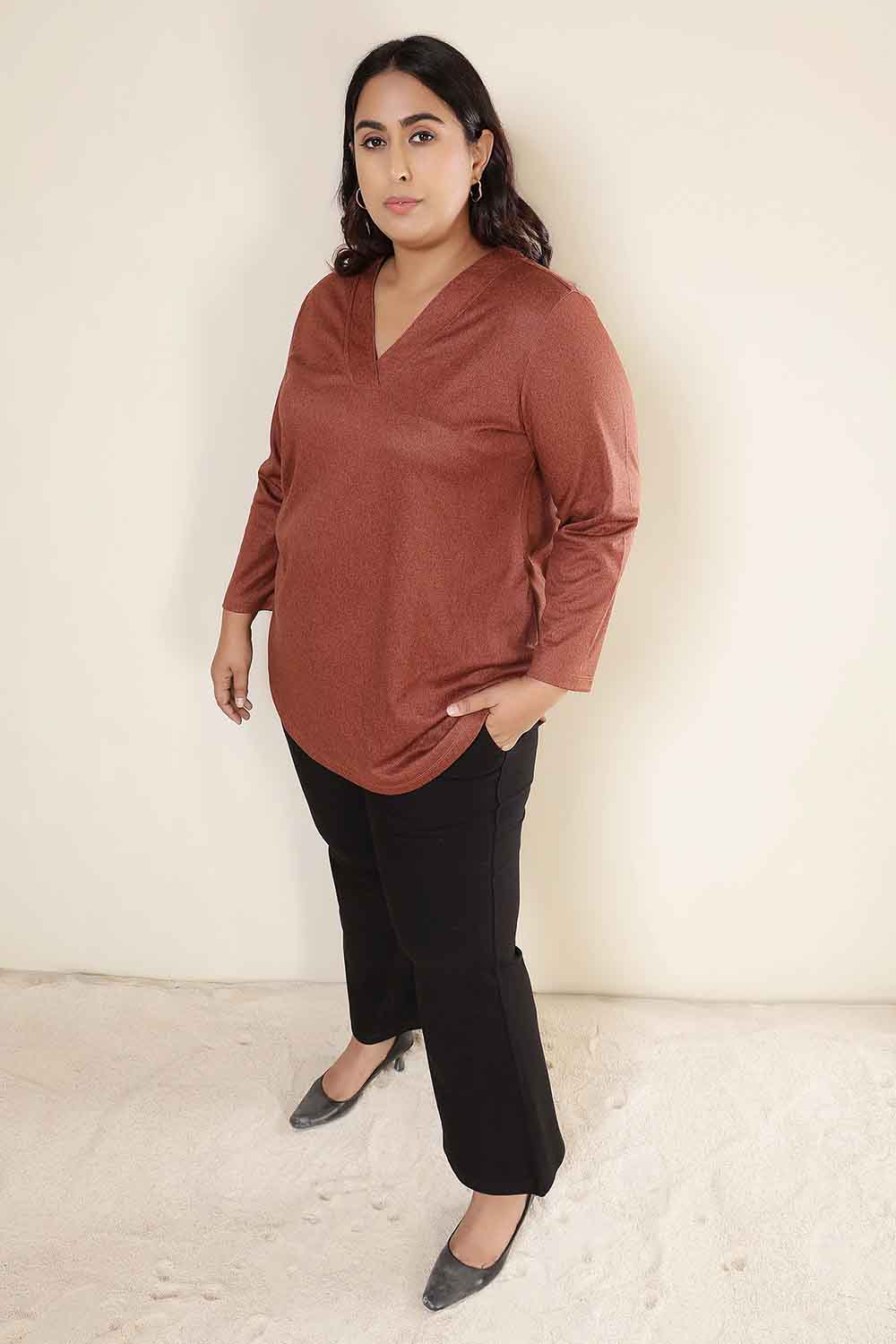 Plus Size Rust V Neck SnugWeave™ Top