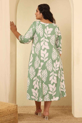 Plus Size Sage Green Leaf Print A Line Dress