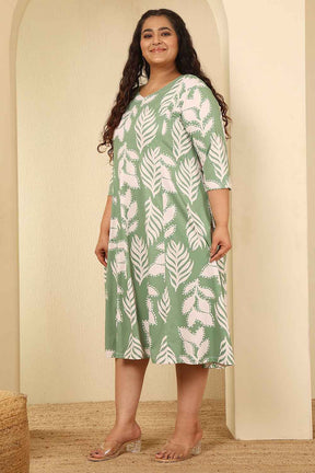 Plus Size Sage Green Leaf Print A Line Dress