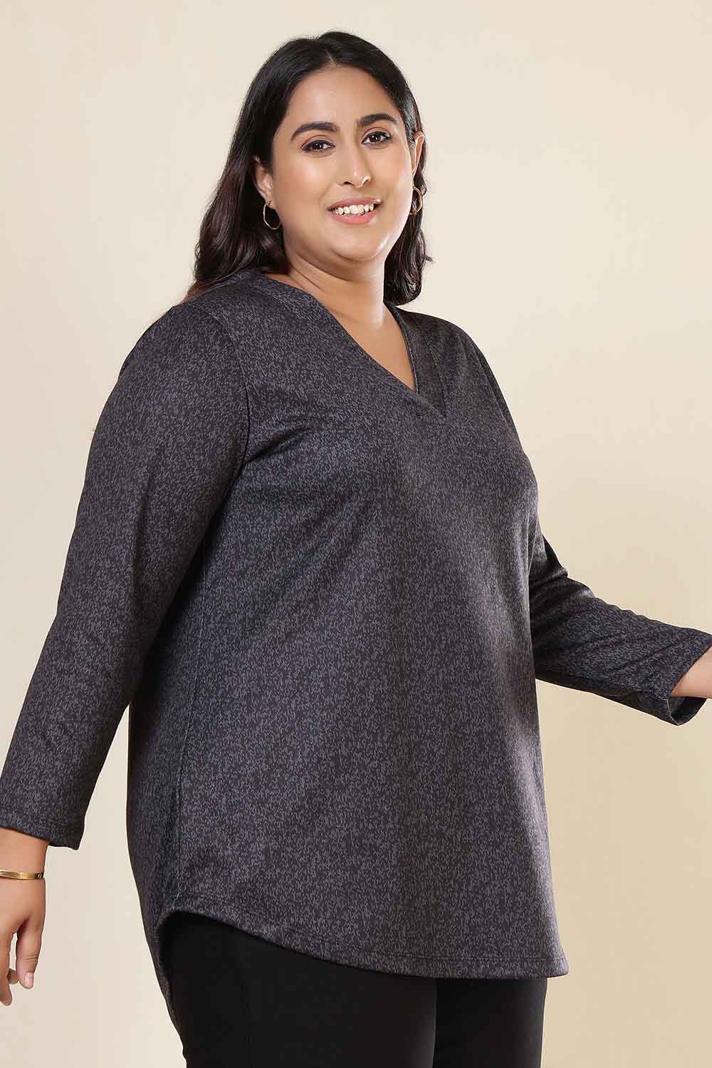 Plus Size Charcoal Grey SnugWeave™ V Neck Top for Women