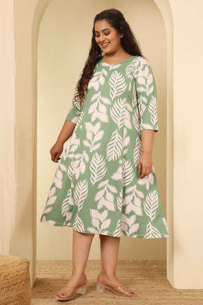 Plus Size Sage Green Leaf Print A Line Dress