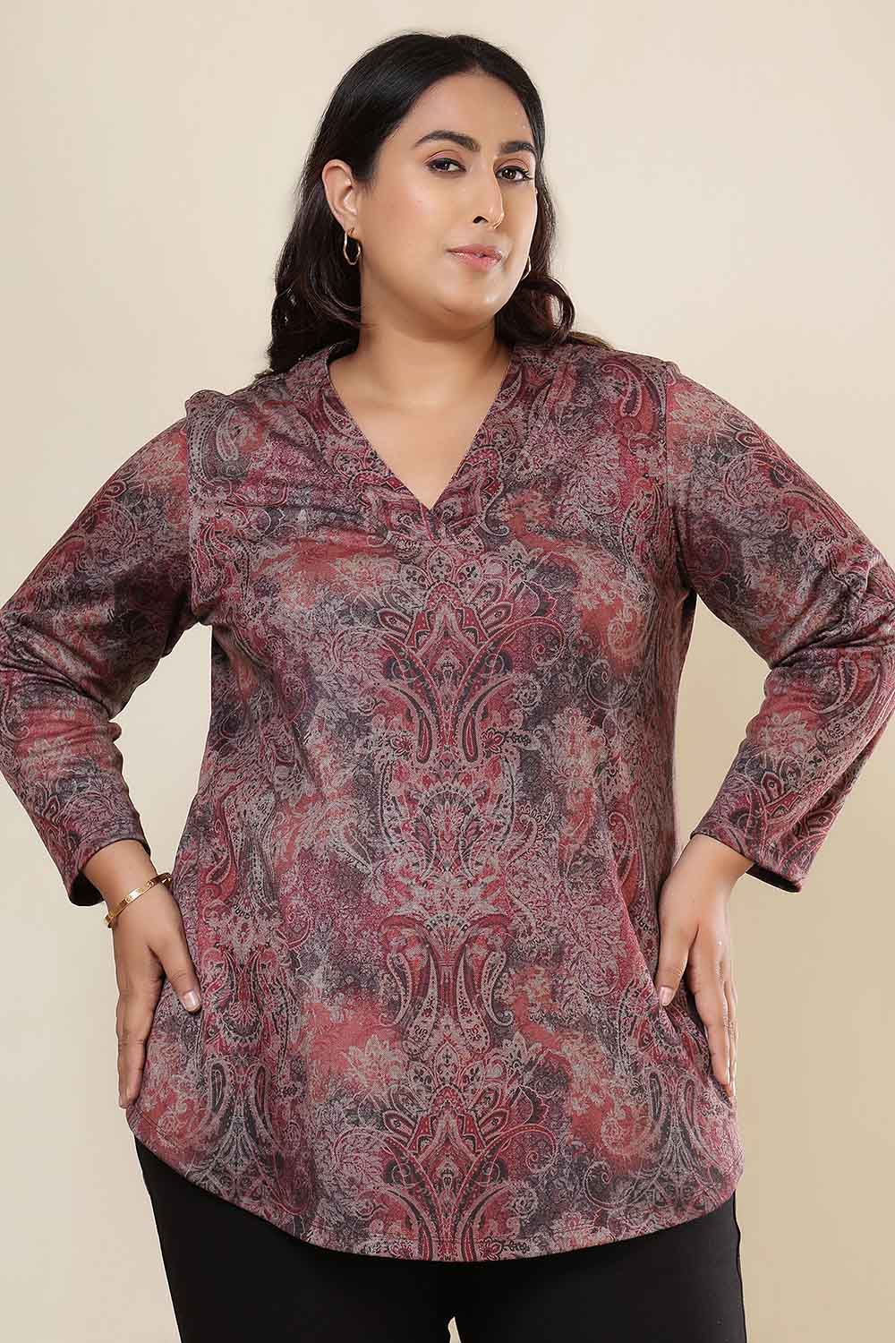 Plus Size Plus Size Maroon Paisley SnugWeave™ V Neck Top