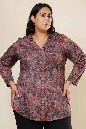 Plus Size Maroon Paisley SnugWeave™ V Neck Top