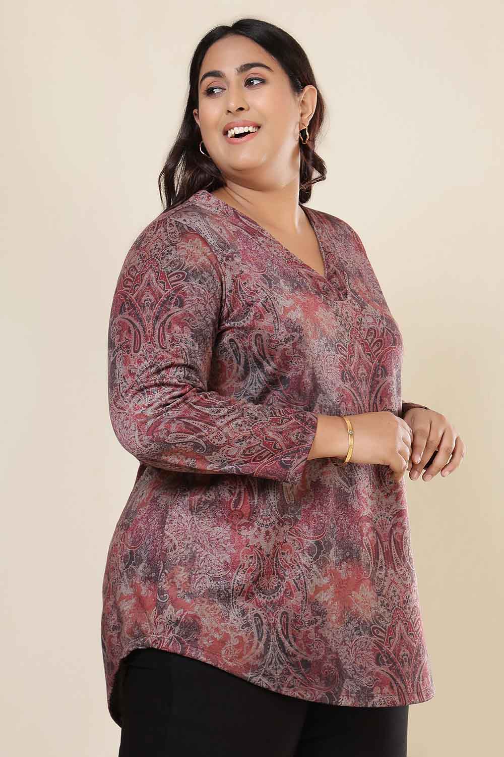 Plus Size Maroon Paisley SnugWeave™ V Neck Top for Women