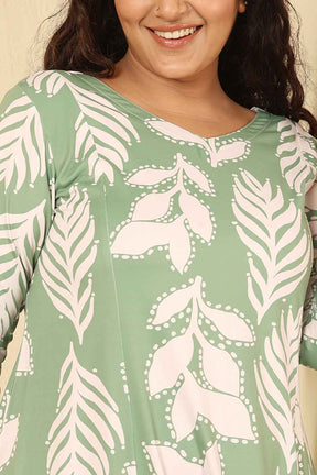 Plus Size Sage Green Leaf Print A Line Dress
