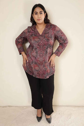 Plus Size Maroon Paisley SnugWeave™ V Neck Top