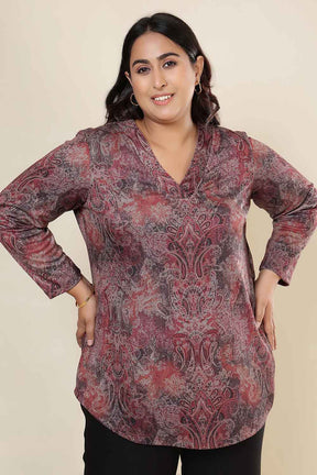 Plus Size Maroon Paisley SnugWeave™ V Neck Top