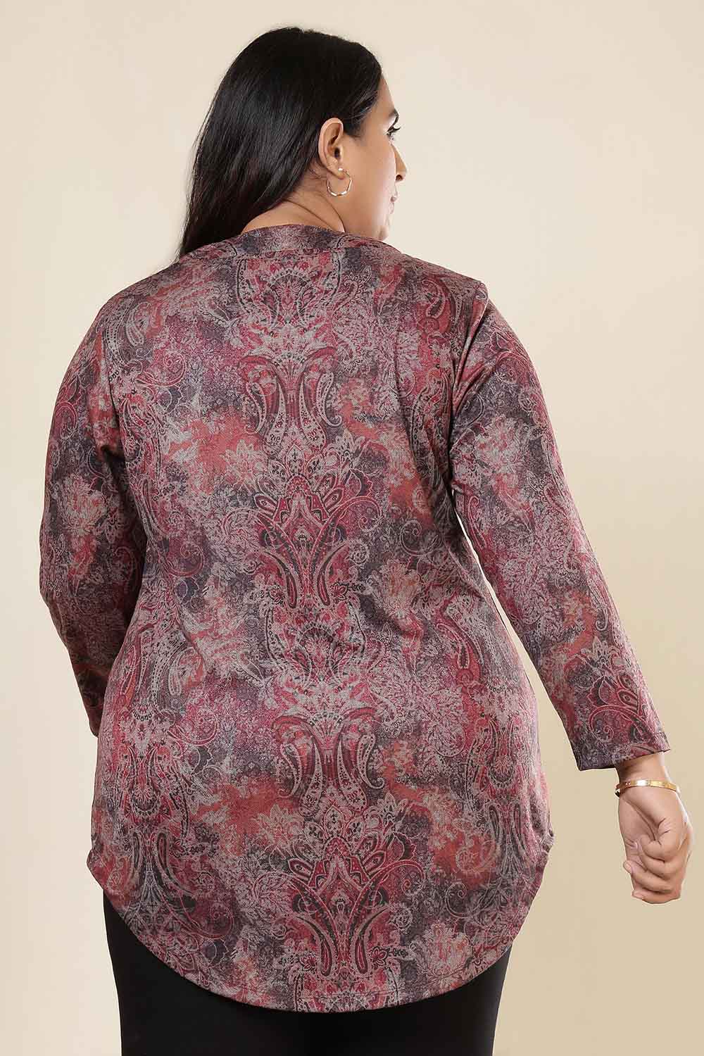 Plus Size Maroon Paisley SnugWeave™ V Neck Top
