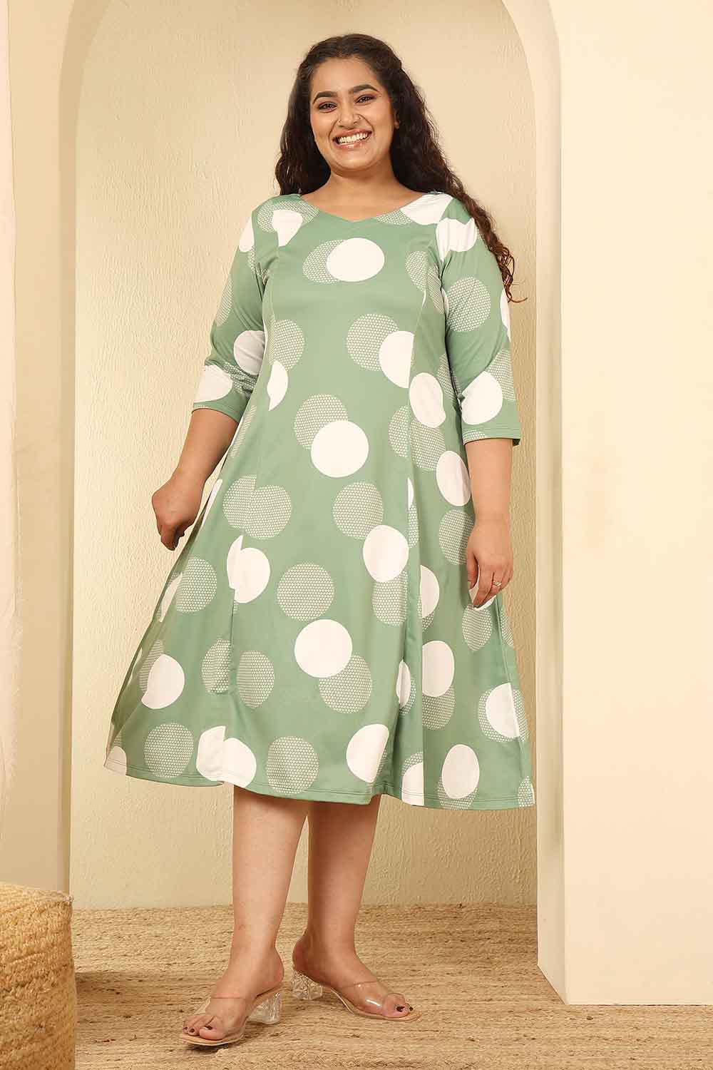Plus Size Sage Green Polka Print A Line Dress