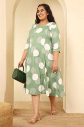 Plus Size Sage Green Polka Print A Line Dress