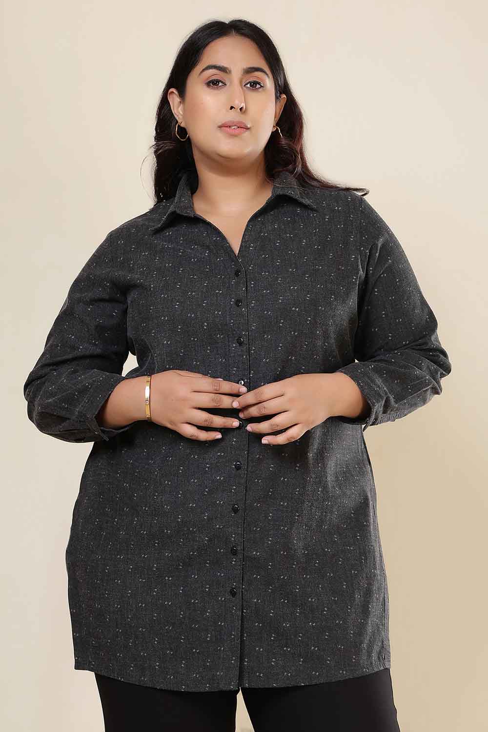 Plus Size Ash Black Denim Cotton Shirt