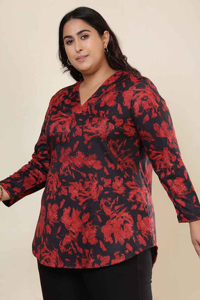 Plus Size Red Floral V Neck SnugWeave™ Top