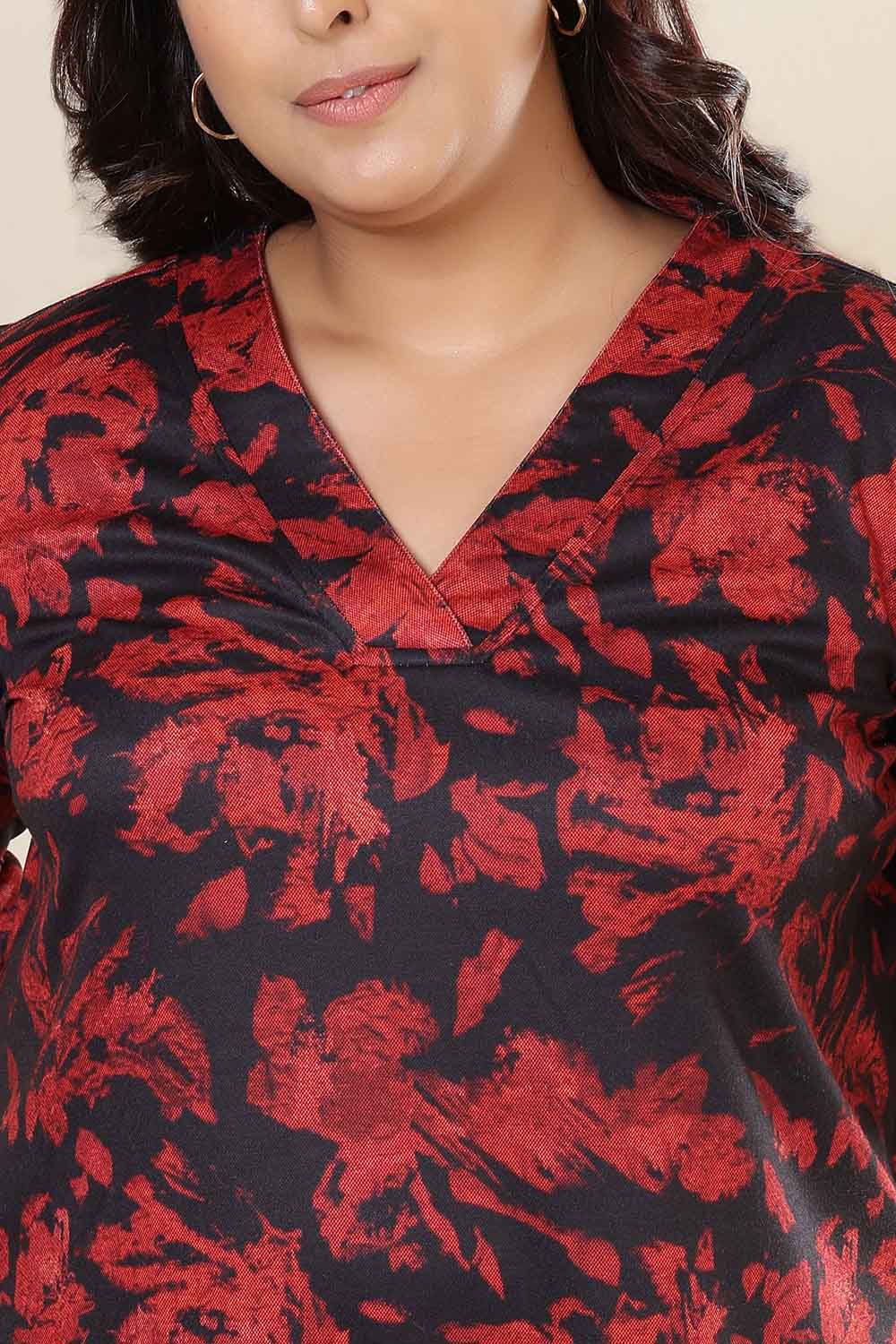Comfortable Plus Size Red Floral V Neck SnugWeave™ Top