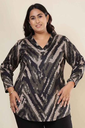 Plus Size Black & Beige Abstract SnugWeave™ V Neck Top