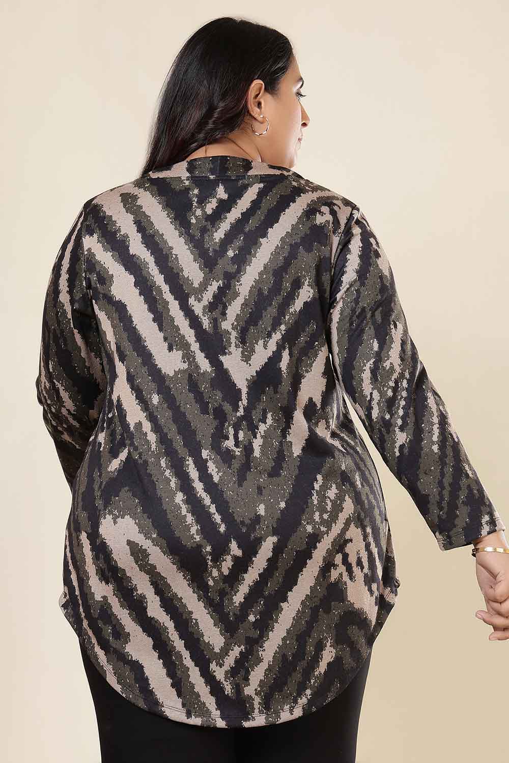 Plus Size Black & Beige Abstract SnugWeave™ V Neck Top