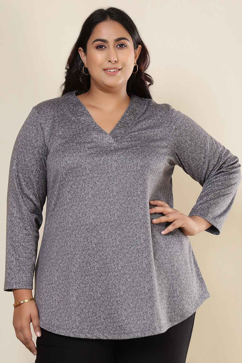 Plus Size Grey Melange SnugWeave™ V Neck Top
