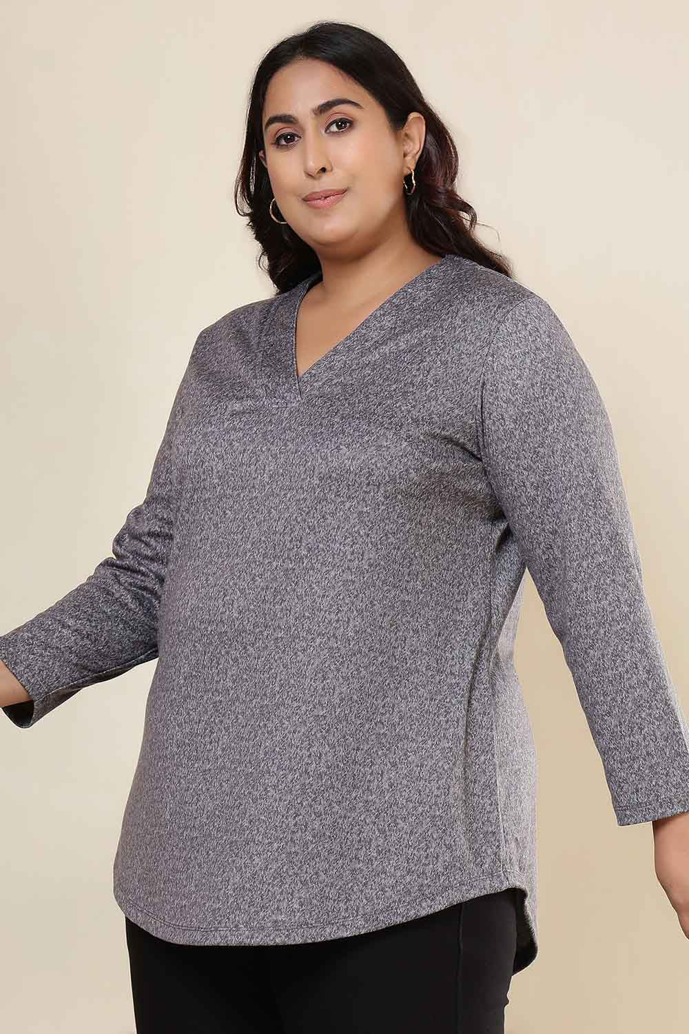 Plus Size Plus Size Grey Melange SnugWeave™ V Neck Top