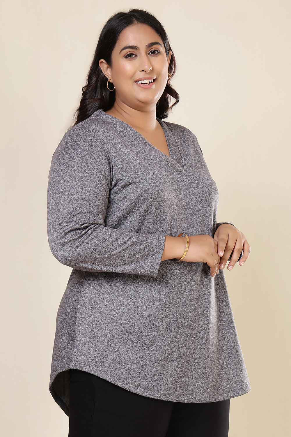 Plus Size Grey Melange SnugWeave™ V Neck Top for Women
