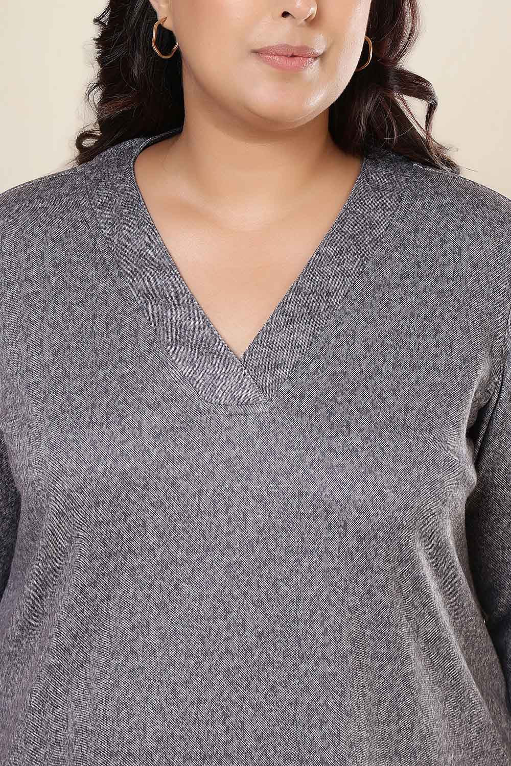 Comfortable Plus Size Grey Melange SnugWeave™ V Neck Top