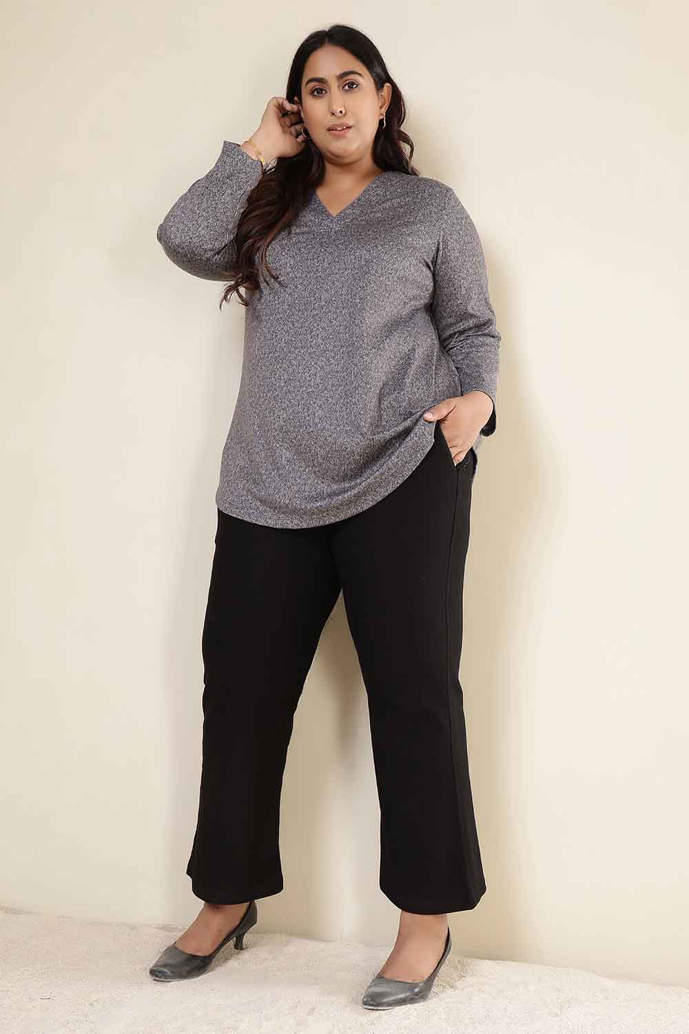 Plus Size Grey Melange SnugWeave™ V Neck Top