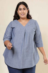 Plus Size Mid Blue Cross Weave Denim Cotton Top