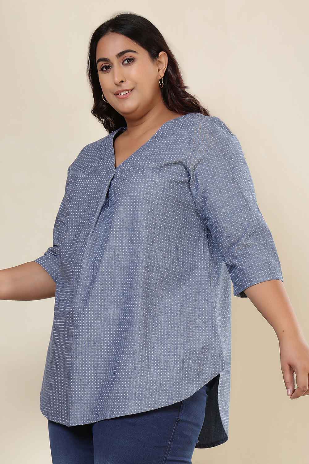 Plus Size Plus Size Mid Blue Cross Weave Denim Cotton Top