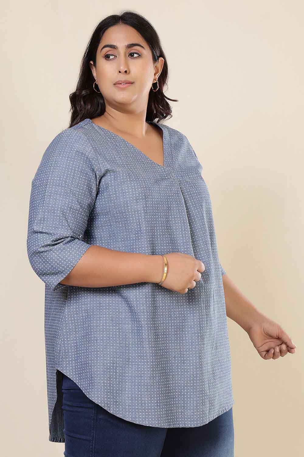 Plus Size Mid Blue Cross Weave Denim Cotton Top for Women